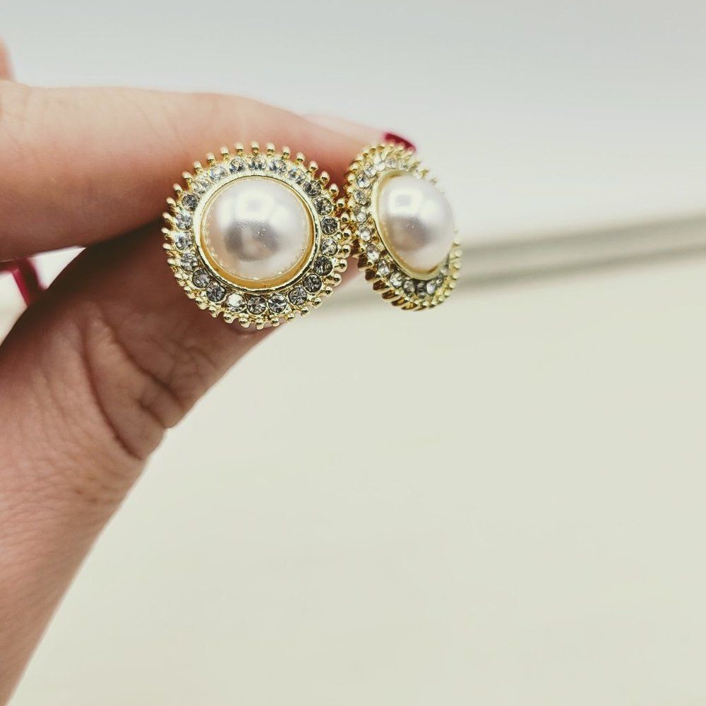 5/$25 Rhinestone Crystal Decorated Faux Pearl Large Stud Post Earrings - Picture 9 of 9